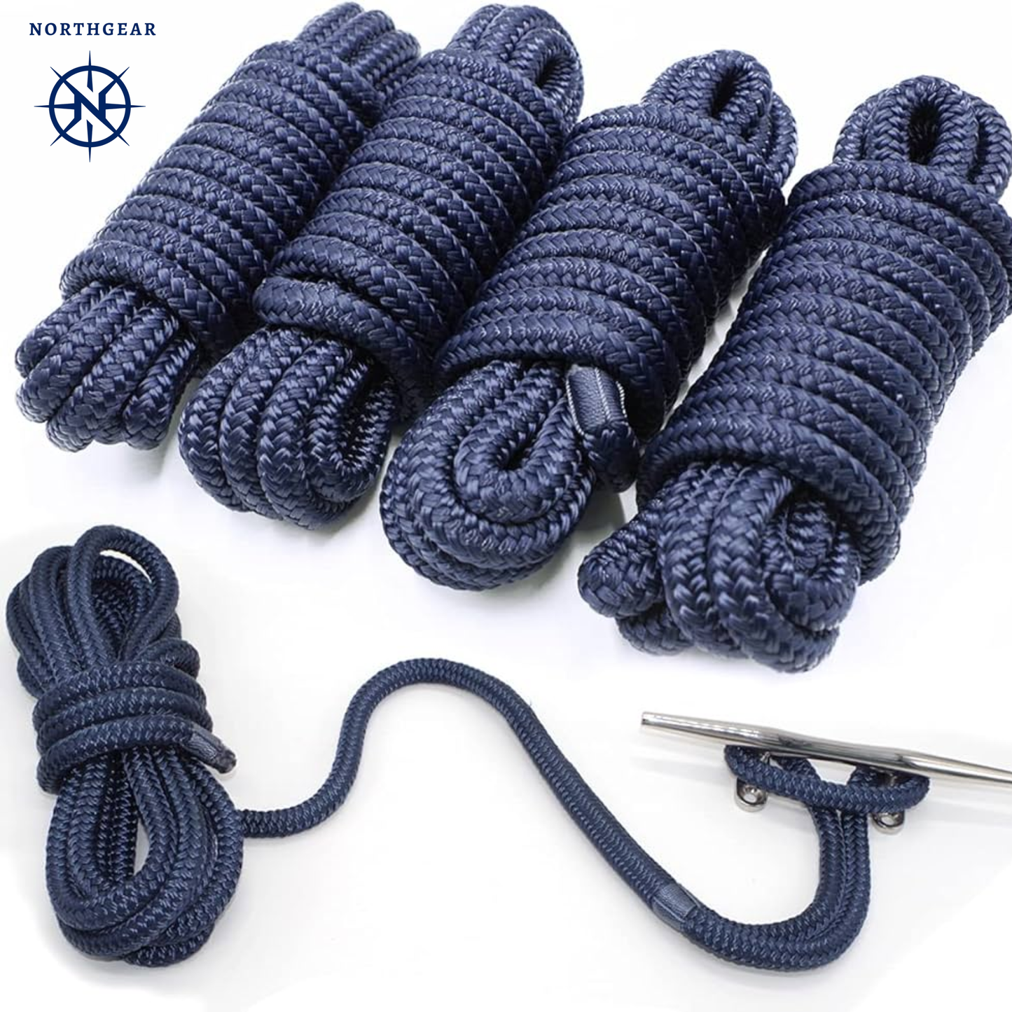 NorthGear™ Premium Double-Braided Dock Lines – 3/8" × 15' (4-Pack) Marine-Grade Nylon
