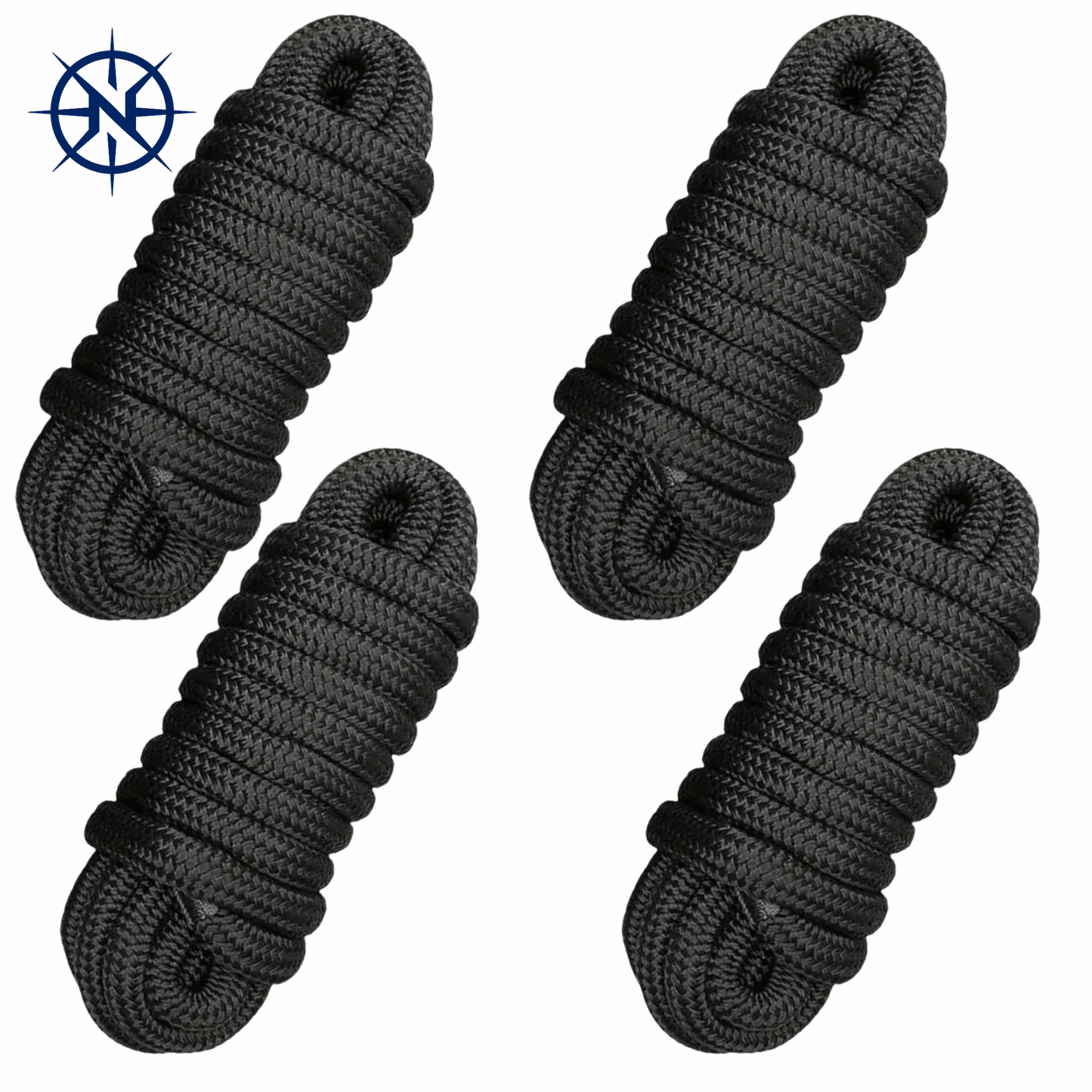 NorthGear™ 1/2" × 15' Dock Lines – 4-Pack Premium Double-Braided Marine Nylon Mooring Ropes (Black)