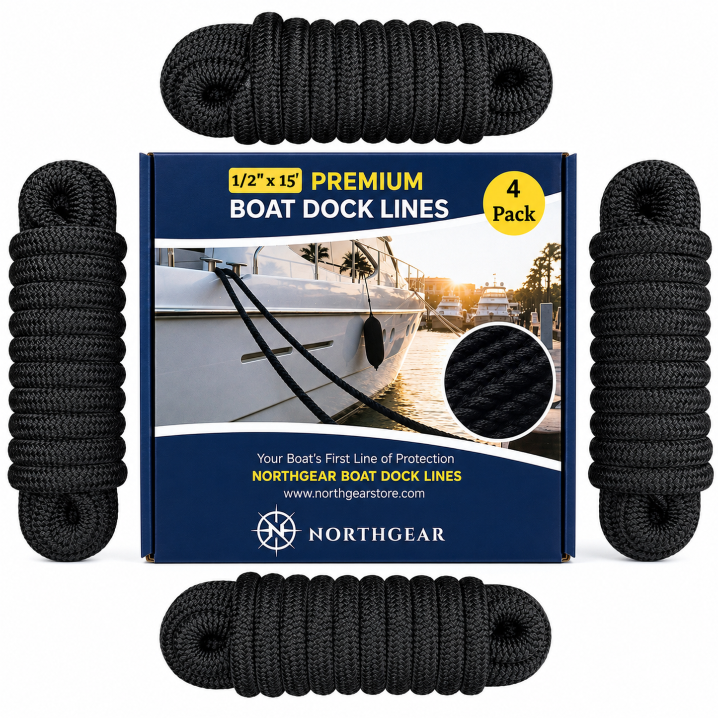 NorthGear™ 1/2" × 15' Dock Lines – 4-Pack Premium Double-Braided Marine Nylon Mooring Ropes (Black)