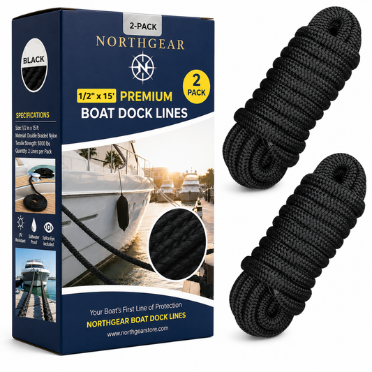 NORTHGEAR Premium Dock Line — 1/2" × 15' Double-Braided Marine Nylon, 2-Pack (Black)