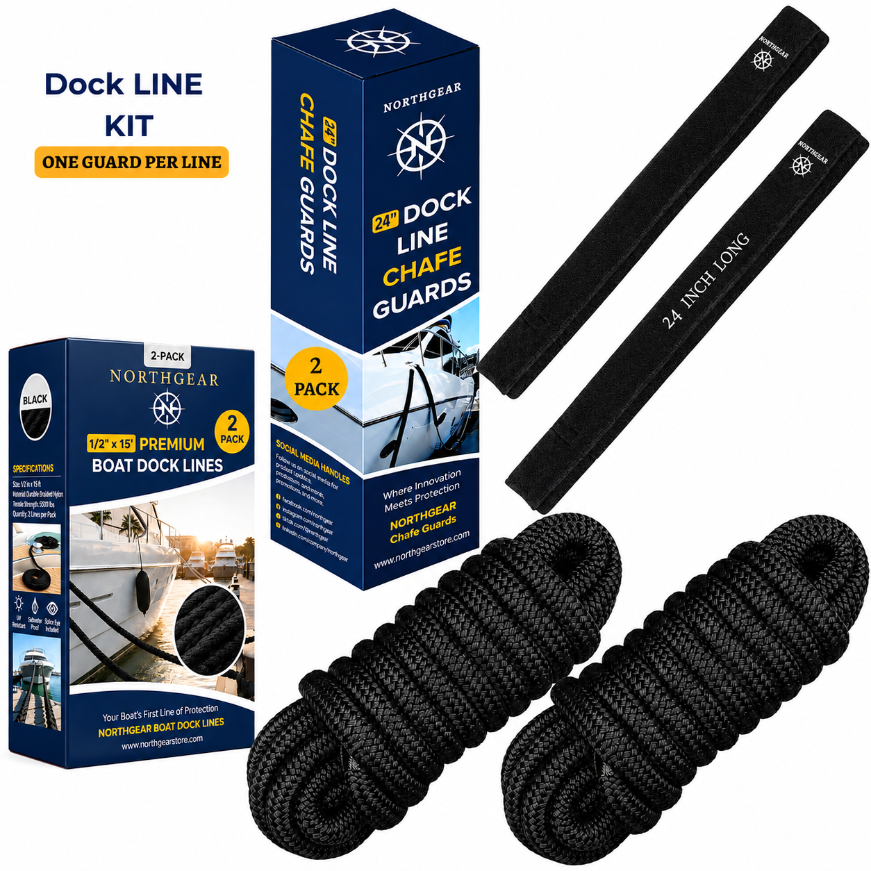 NORTHGEAR® Dock Line Kit — 1/2" × 15' Dock Lines (2-Pack) + 24" Non-Slip Chafe Guards