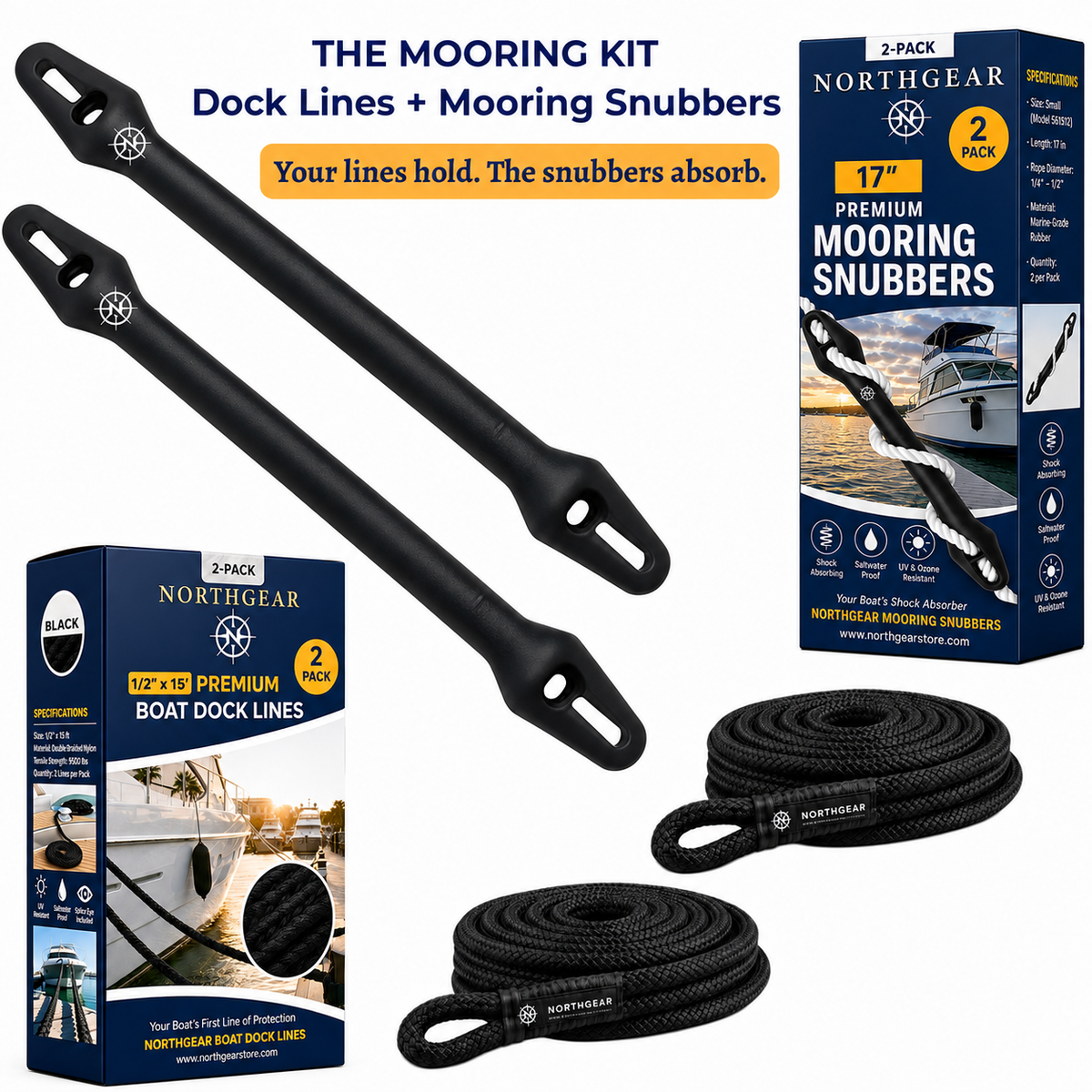 NORTHGEAR® Mooring Shock Kit — 1/2" × 15' Dock Lines (2-Pack) + EPDM Snubber
