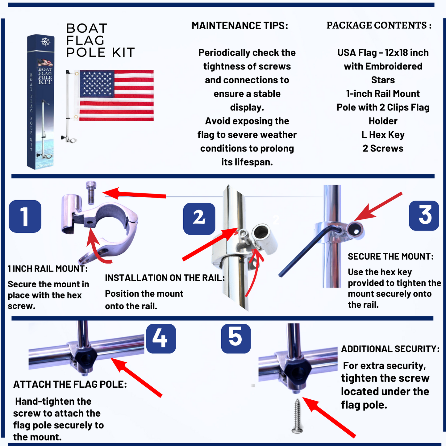 Northgear™ 18"Boat flag pole with 12''X18''American flag