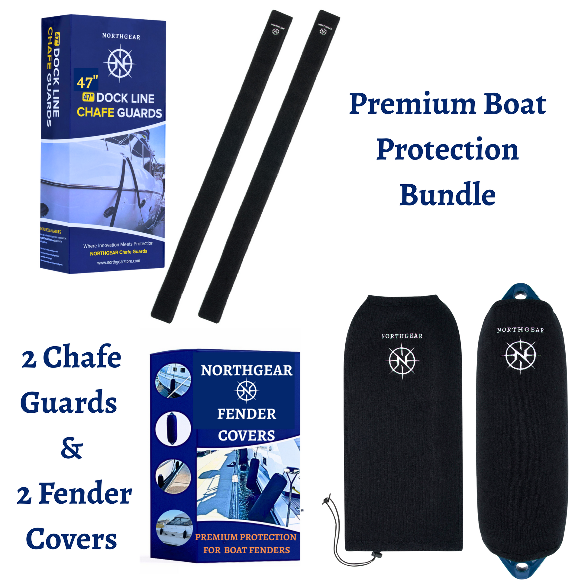northgear premium boat protection bundle includes chafe guards and fender covers for complete protection against wear impact and abrasion during docking