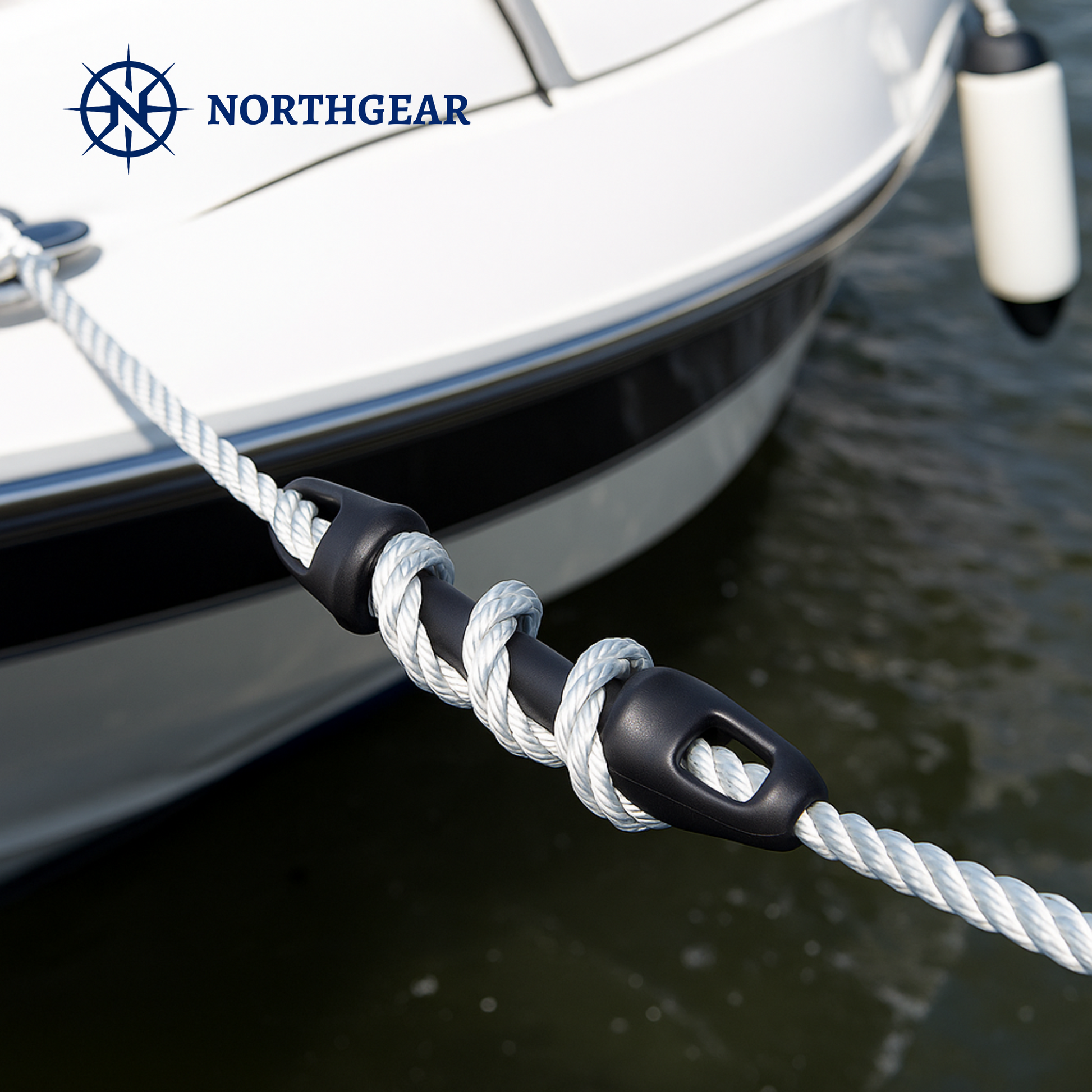 northgear rubber mooring snubber installed to reduce shock and tension on dock lines for smoother docking and improved boat protection