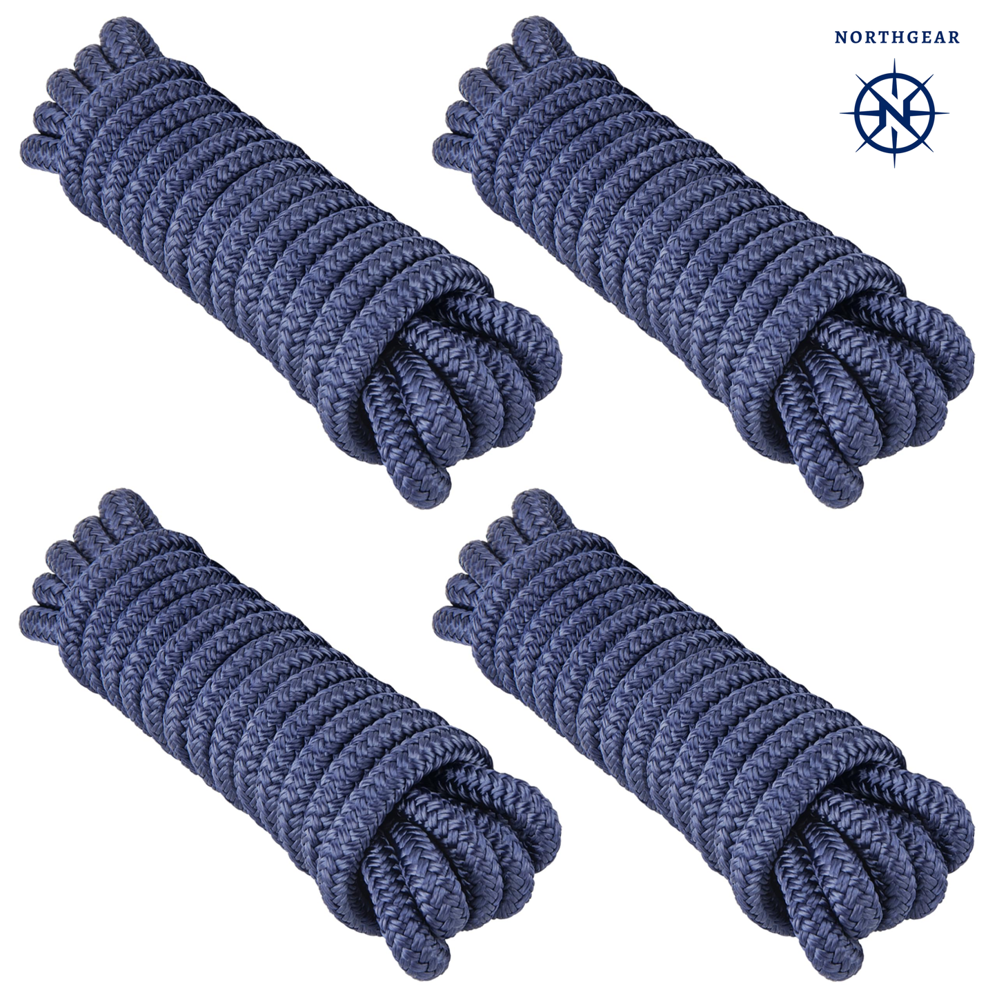 NorthGear™ Premium Double-Braided Dock Lines – 3/8" × 15' (4-Pack) Marine-Grade Nylon